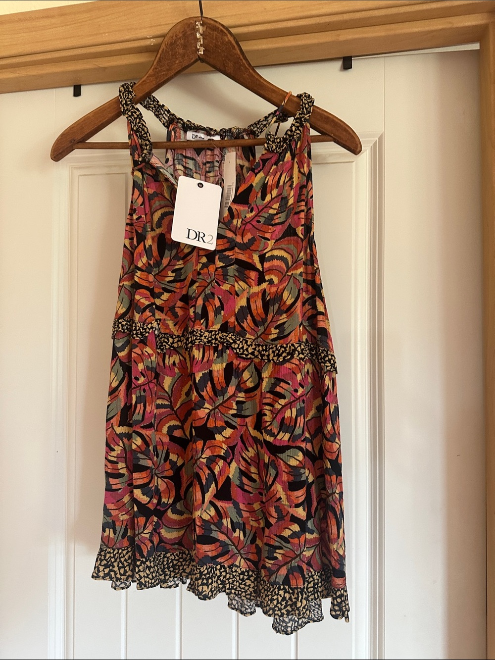 DR2 Multicolor Leaf-Print Braided-Strap Camisole — Black, Pink, Orange, Yellow